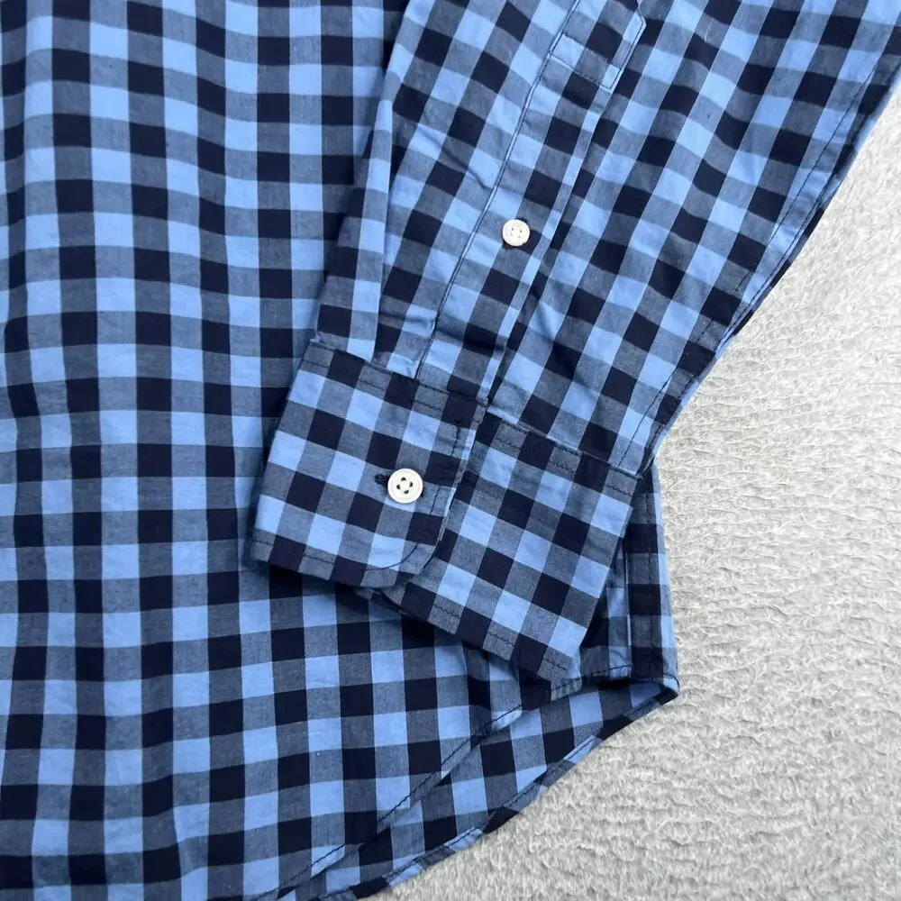 J Crew Flex Washed Slim Shirt Blue Navy Gingham Check Button Up Long Sleeve L